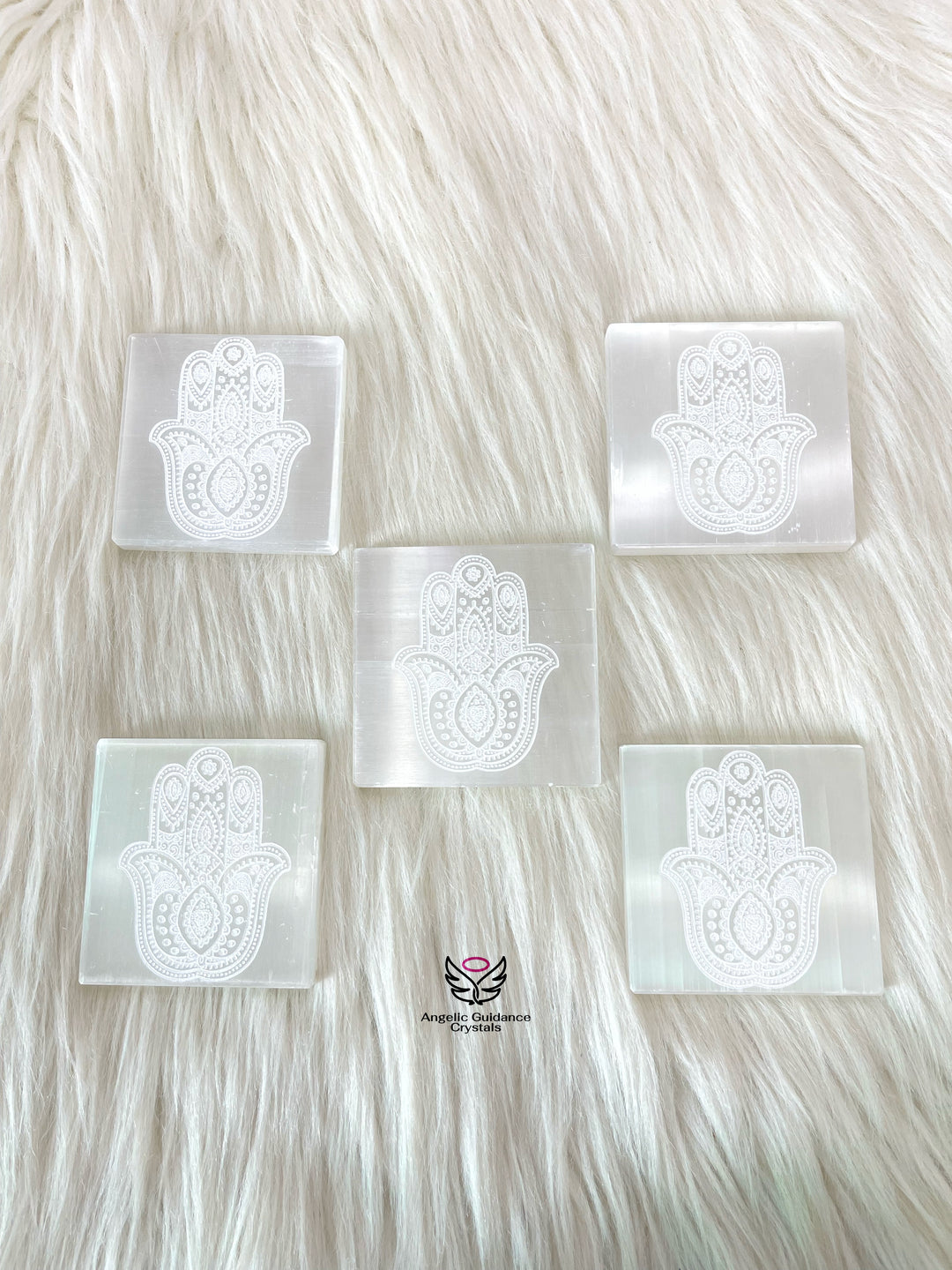 Selenite Hamsa Engraved Coaster Medium