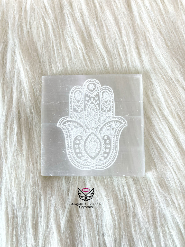 Selenite Hamsa Engraved Coaster Medium