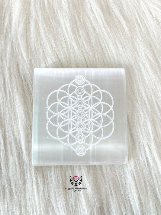 Selenite Seven Chakra Engraved Coaster Medium