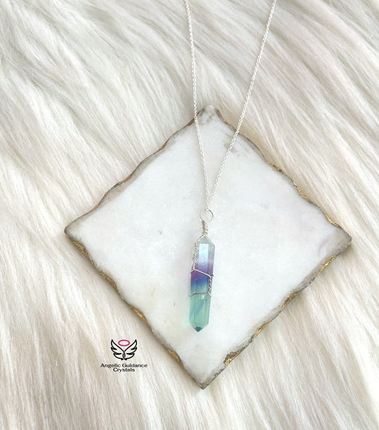 Rainbow Fluorite Wire Wrapped Silver Chain Necklace