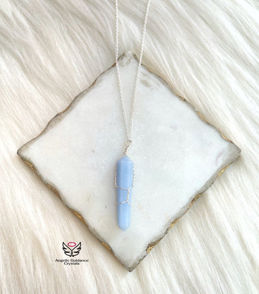 Angelite Wire Wrapped Silver Chain Necklace