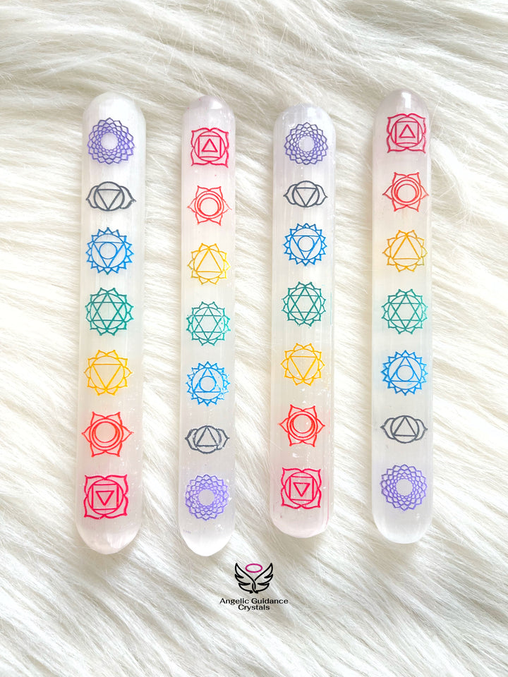 Selenite Crystal Seven Chakra Engraved Wand